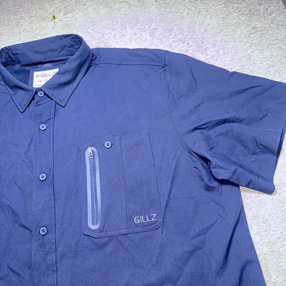 Gillz Men's 2XL Blue Short Sleeve Solid Button-Up Woven Stretch Zip Pocket Vent